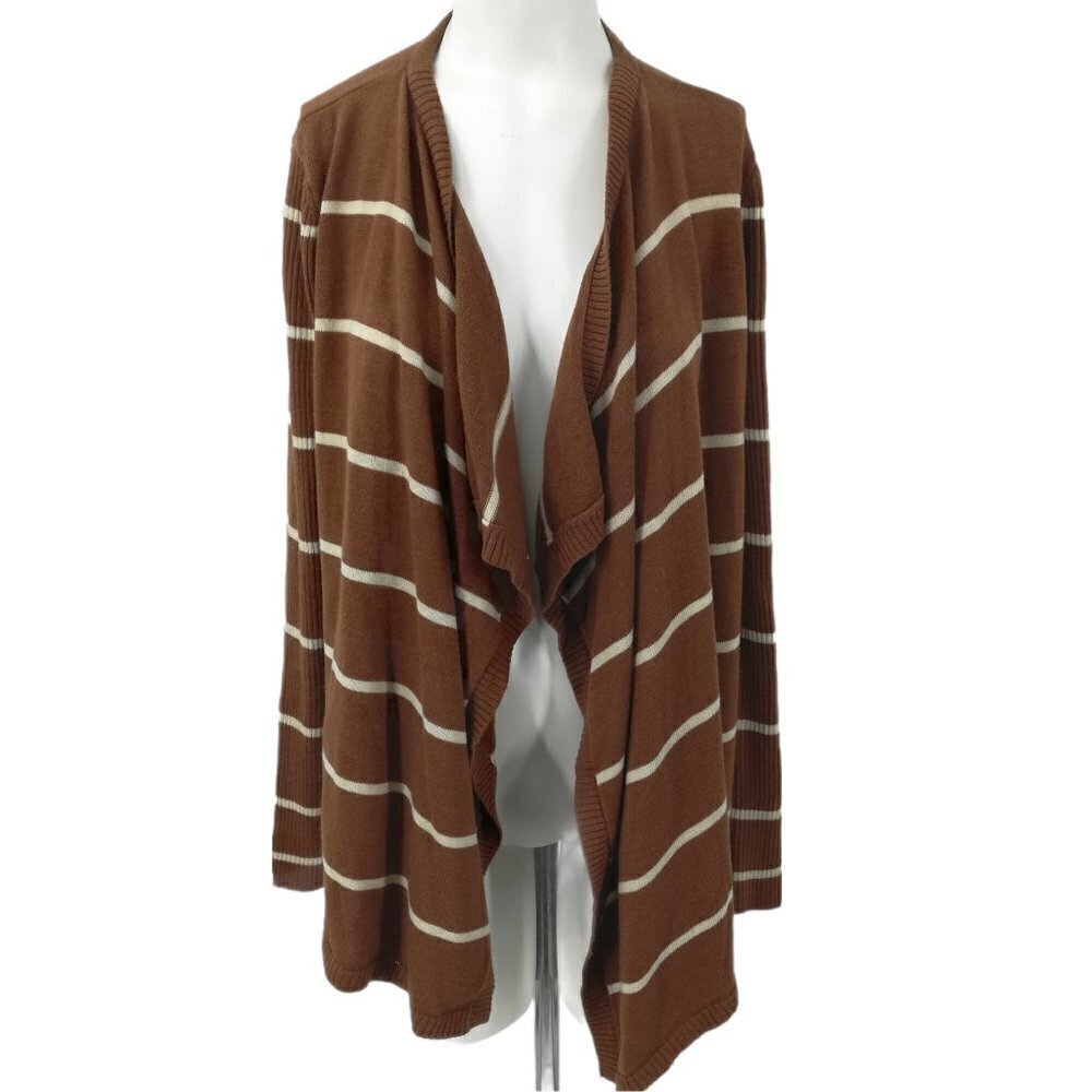 Mystree Brown Striped Waterfall Cardigan Sweater Size S Knit Wrap Open Front